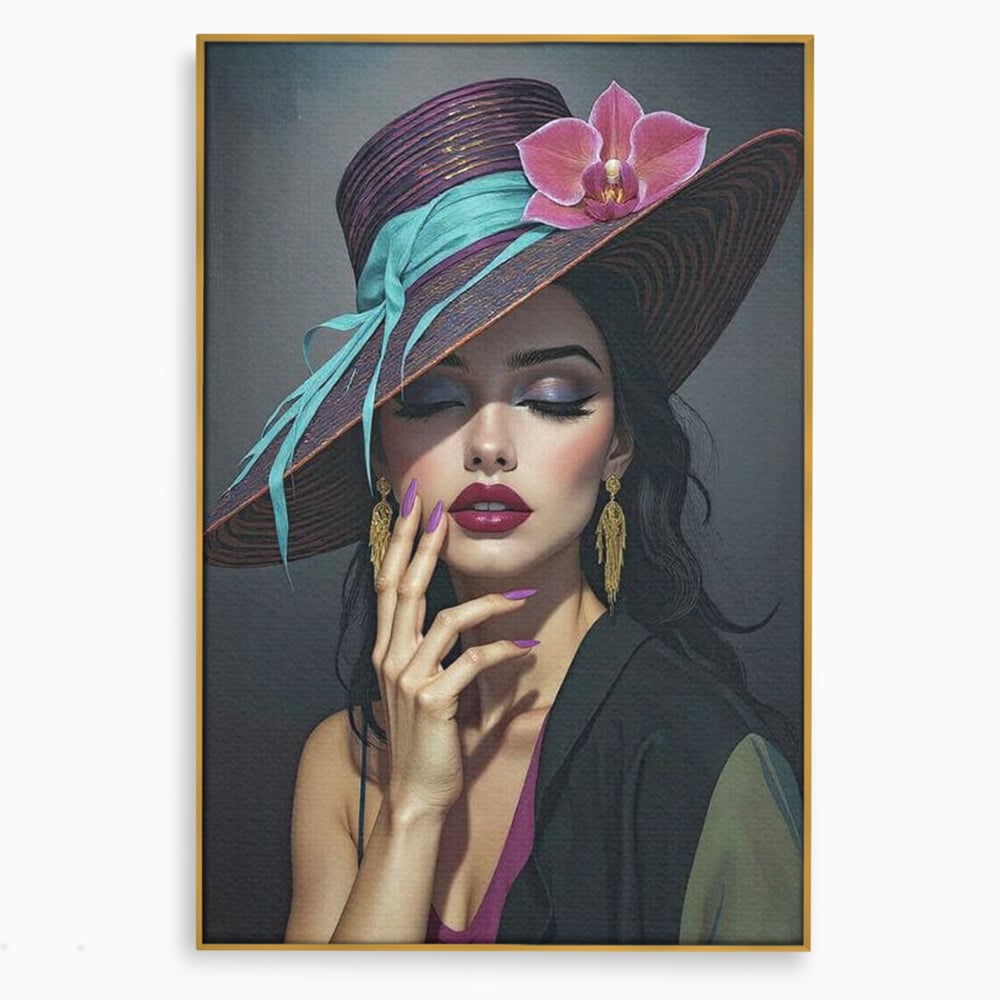 Tablou Canvas Premium, LuxCanva® G1214, Femeia Contemplativa, Lady, Palarie, Eleganta, Floare, Orhidee, Retro, Rafinament, Gratie, Divin, Vis, Privire, Catifea, Zeita, Salon, Birou, Living, Dormitor
