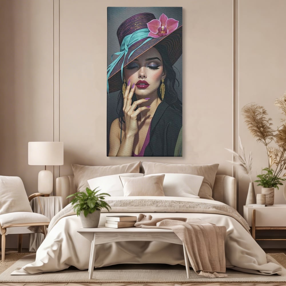 Tablou Canvas Premium, LuxCanva® G1214, Femeia Contemplativa, Lady, Palarie, Eleganta, Floare, Orhidee, Retro, Rafinament, Gratie, Divin, Vis, Privire, Catifea, Zeita, Salon, Birou, Living, Dormitor