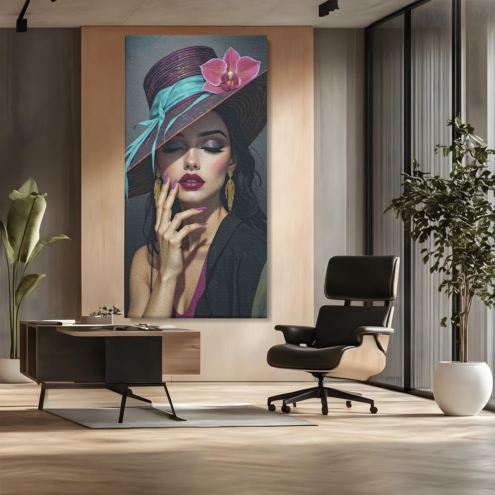 Tablou Canvas Premium, LuxCanva® G1214, Femeia Contemplativa, Lady, Palarie, Eleganta, Floare, Orhidee, Retro, Rafinament, Gratie, Divin, Vis, Privire, Catifea, Zeita, Salon, Birou, Living, Dormitor