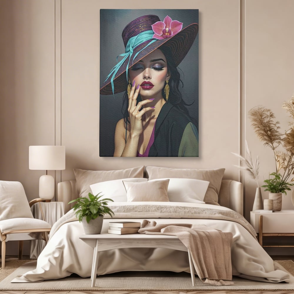 Tablou Canvas Premium, LuxCanva® G1214, Femeia Contemplativa, Lady, Palarie, Eleganta, Floare, Orhidee, Retro, Rafinament, Gratie, Divin, Vis, Privire, Catifea, Zeita, Salon, Birou, Living, Dormitor