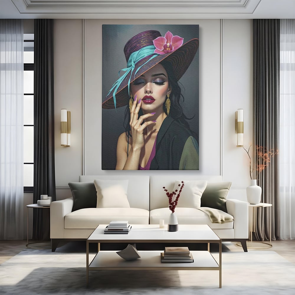 Tablou Canvas Premium, LuxCanva® G1214, Femeia Contemplativa, Lady, Palarie, Eleganta, Floare, Orhidee, Retro, Rafinament, Gratie, Divin, Vis, Privire, Catifea, Zeita, Salon, Birou, Living, Dormitor