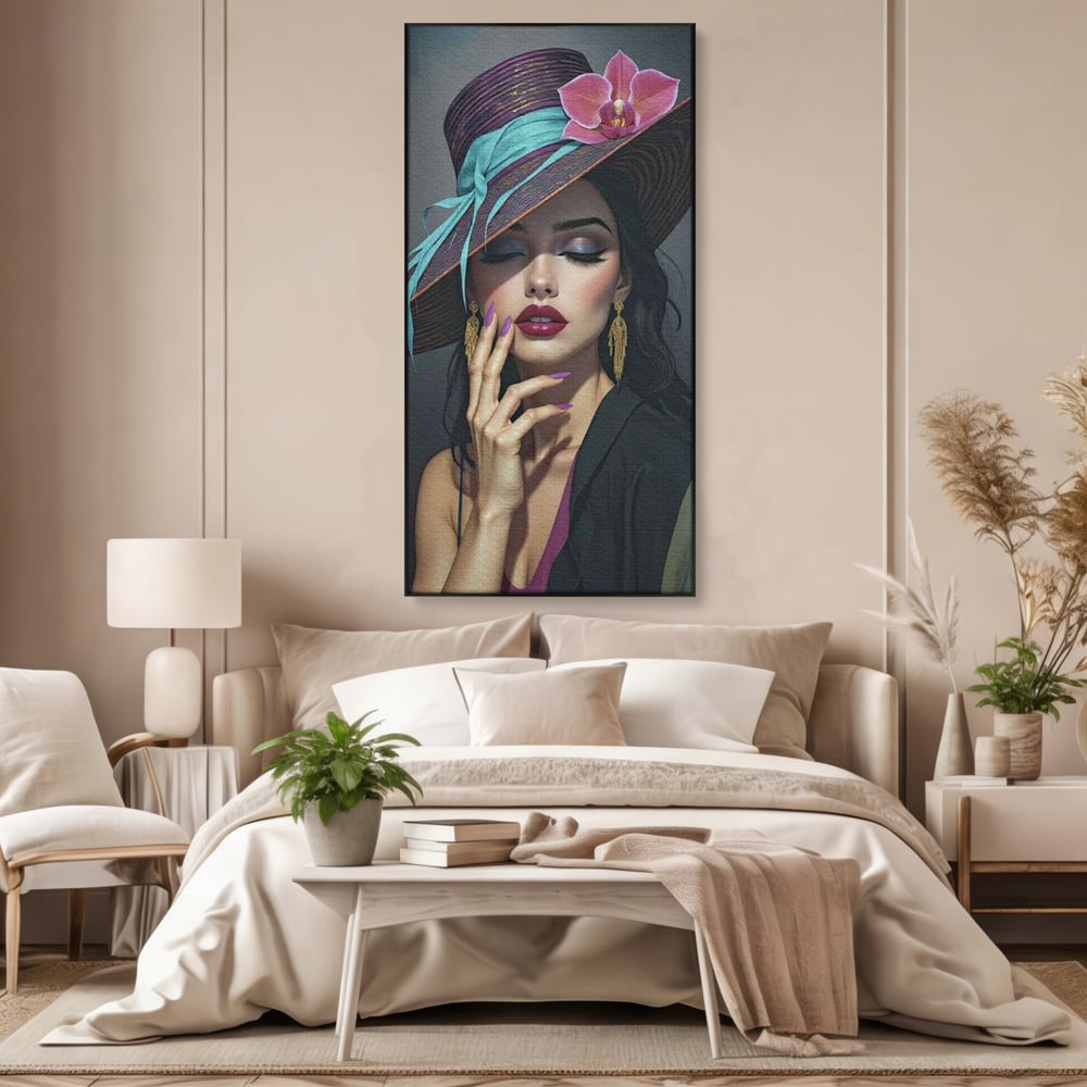Tablou Canvas Premium, LuxCanva® G1214, Femeia Contemplativa, Lady, Palarie, Eleganta, Floare, Orhidee, Retro, Rafinament, Gratie, Divin, Vis, Privire, Catifea, Zeita, Salon, Birou, Living, Dormitor