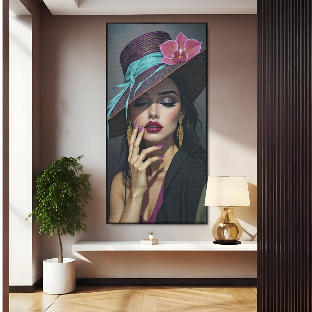 Tablou Canvas Premium, LuxCanva® G1214, Femeia Contemplativa, Lady, Palarie, Eleganta, Floare, Orhidee, Retro, Rafinament, Gratie, Divin, Vis, Privire, Catifea, Zeita, Salon, Birou, Living, Dormitor