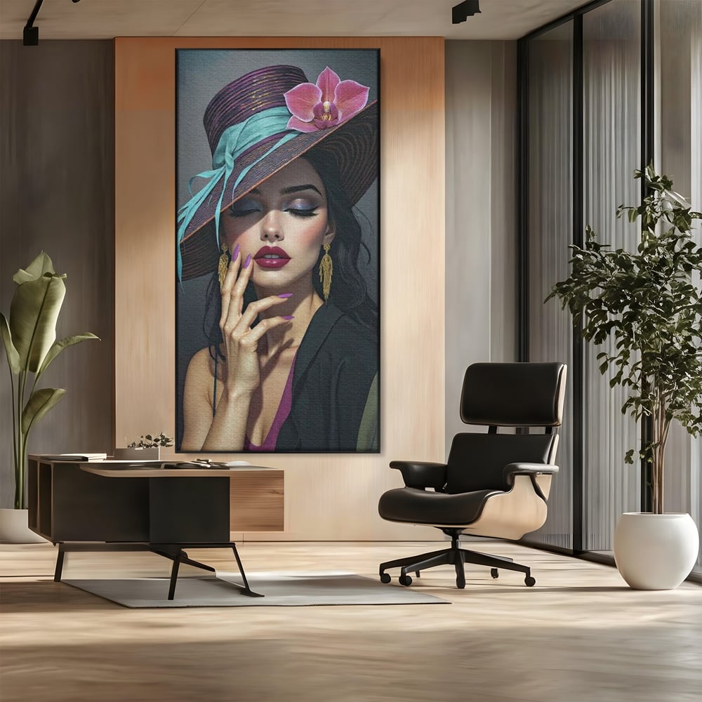 Tablou Canvas Premium, LuxCanva® G1214, Femeia Contemplativa, Lady, Palarie, Eleganta, Floare, Orhidee, Retro, Rafinament, Gratie, Divin, Vis, Privire, Catifea, Zeita, Salon, Birou, Living, Dormitor
