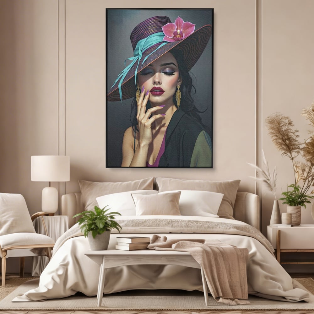 Tablou Canvas Premium, LuxCanva® G1214, Femeia Contemplativa, Lady, Palarie, Eleganta, Floare, Orhidee, Retro, Rafinament, Gratie, Divin, Vis, Privire, Catifea, Zeita, Salon, Birou, Living, Dormitor