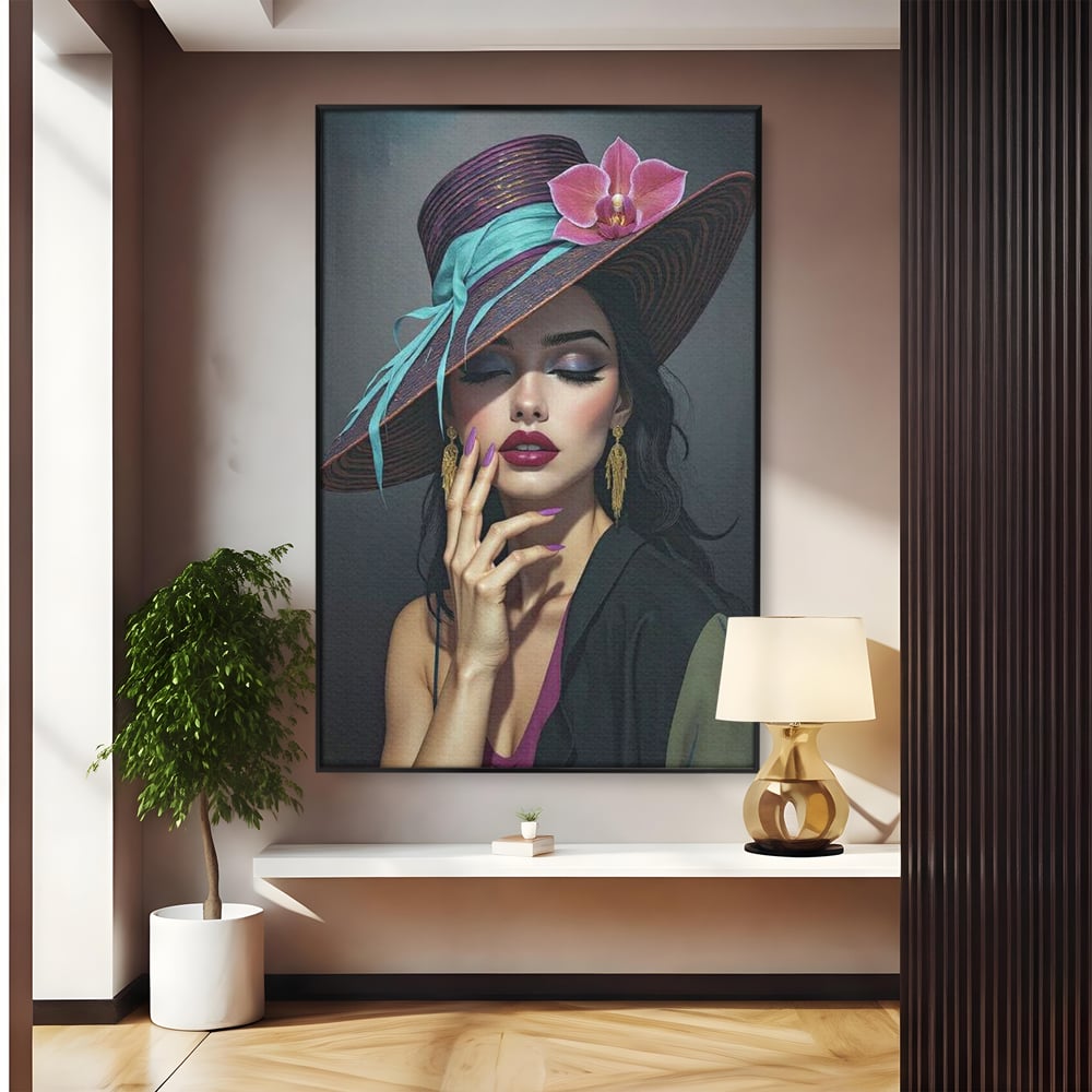 Tablou Canvas Premium, LuxCanva® G1214, Femeia Contemplativa, Lady, Palarie, Eleganta, Floare, Orhidee, Retro, Rafinament, Gratie, Divin, Vis, Privire, Catifea, Zeita, Salon, Birou, Living, Dormitor