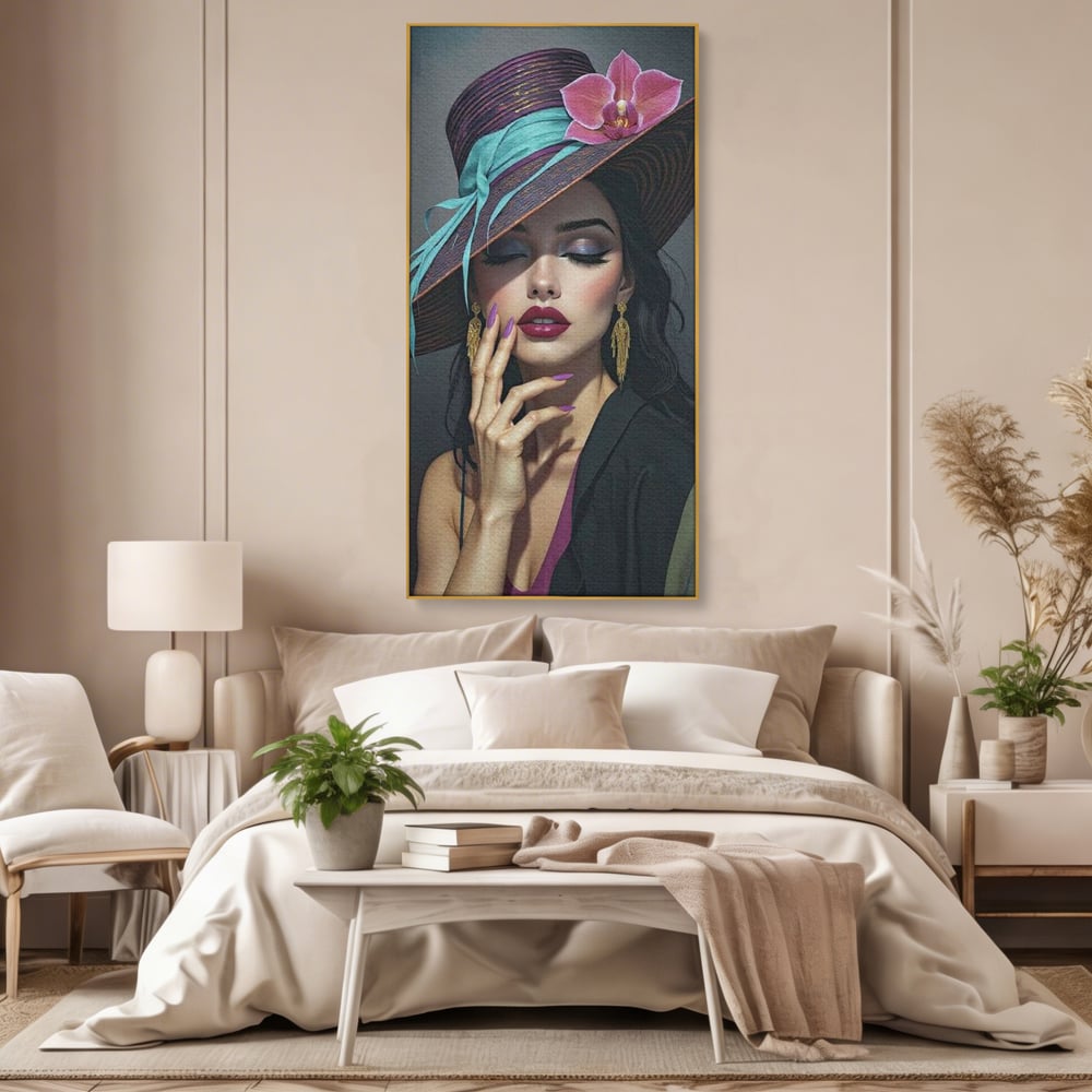 Tablou Canvas Premium, LuxCanva® G1214, Femeia Contemplativa, Lady, Palarie, Eleganta, Floare, Orhidee, Retro, Rafinament, Gratie, Divin, Vis, Privire, Catifea, Zeita, Salon, Birou, Living, Dormitor