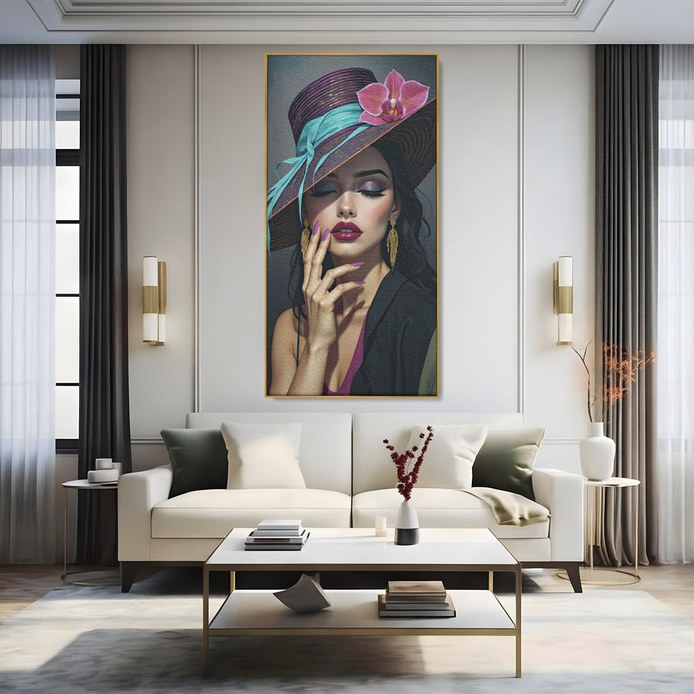 Tablou Canvas Premium, LuxCanva® G1214, Femeia Contemplativa, Lady, Palarie, Eleganta, Floare, Orhidee, Retro, Rafinament, Gratie, Divin, Vis, Privire, Catifea, Zeita, Salon, Birou, Living, Dormitor