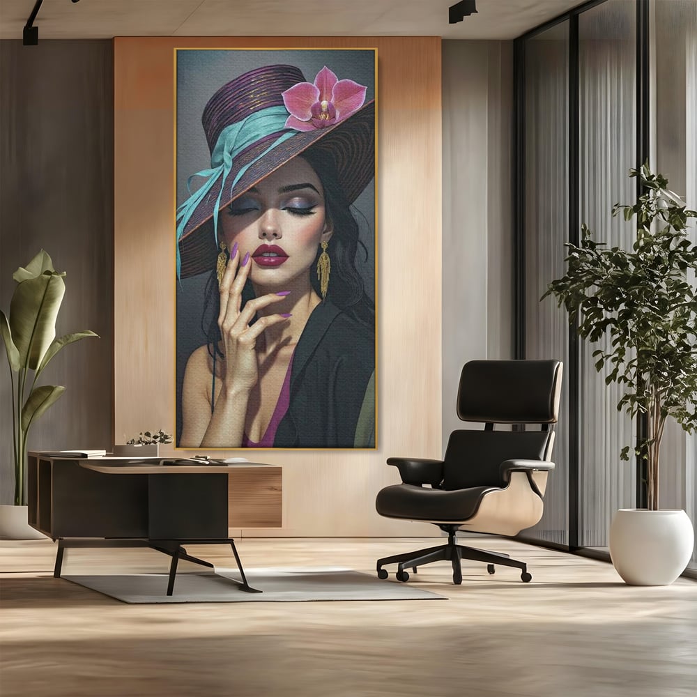 Tablou Canvas Premium, LuxCanva® G1214, Femeia Contemplativa, Lady, Palarie, Eleganta, Floare, Orhidee, Retro, Rafinament, Gratie, Divin, Vis, Privire, Catifea, Zeita, Salon, Birou, Living, Dormitor