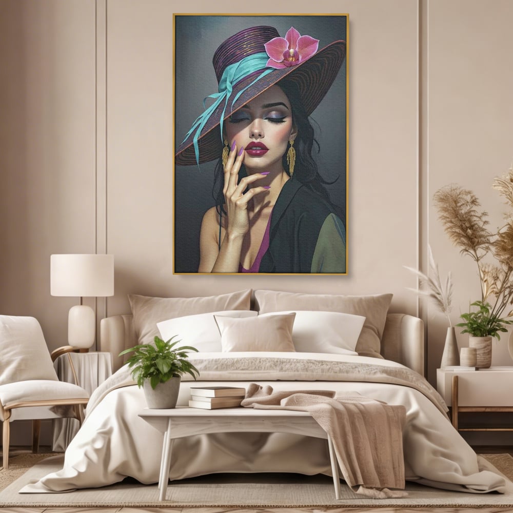Tablou Canvas Premium, LuxCanva® G1214, Femeia Contemplativa, Lady, Palarie, Eleganta, Floare, Orhidee, Retro, Rafinament, Gratie, Divin, Vis, Privire, Catifea, Zeita, Salon, Birou, Living, Dormitor