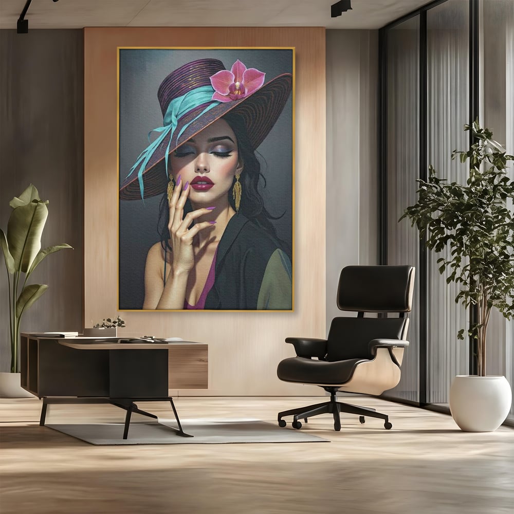Tablou Canvas Premium, LuxCanva® G1214, Femeia Contemplativa, Lady, Palarie, Eleganta, Floare, Orhidee, Retro, Rafinament, Gratie, Divin, Vis, Privire, Catifea, Zeita, Salon, Birou, Living, Dormitor