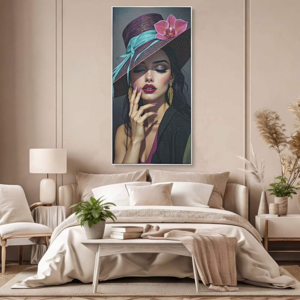 Tablou Canvas Premium, LuxCanva® G1214, Femeia Contemplativa, Lady, Palarie, Eleganta, Floare, Orhidee, Retro, Rafinament, Gratie, Divin, Vis, Privire, Catifea, Zeita, Salon, Birou, Living, Dormitor