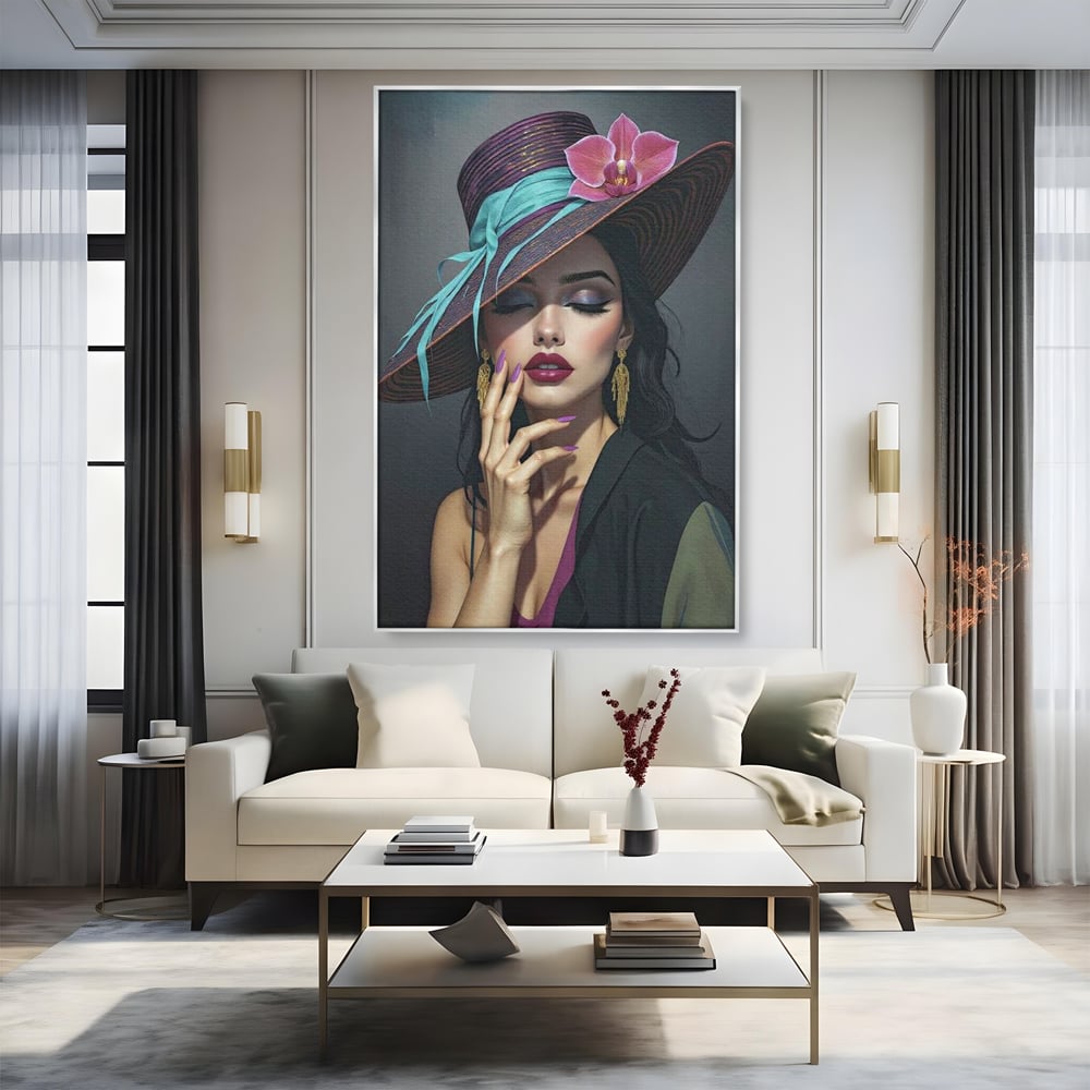 Tablou Canvas Premium, LuxCanva® G1214, Femeia Contemplativa, Lady, Palarie, Eleganta, Floare, Orhidee, Retro, Rafinament, Gratie, Divin, Vis, Privire, Catifea, Zeita, Salon, Birou, Living, Dormitor