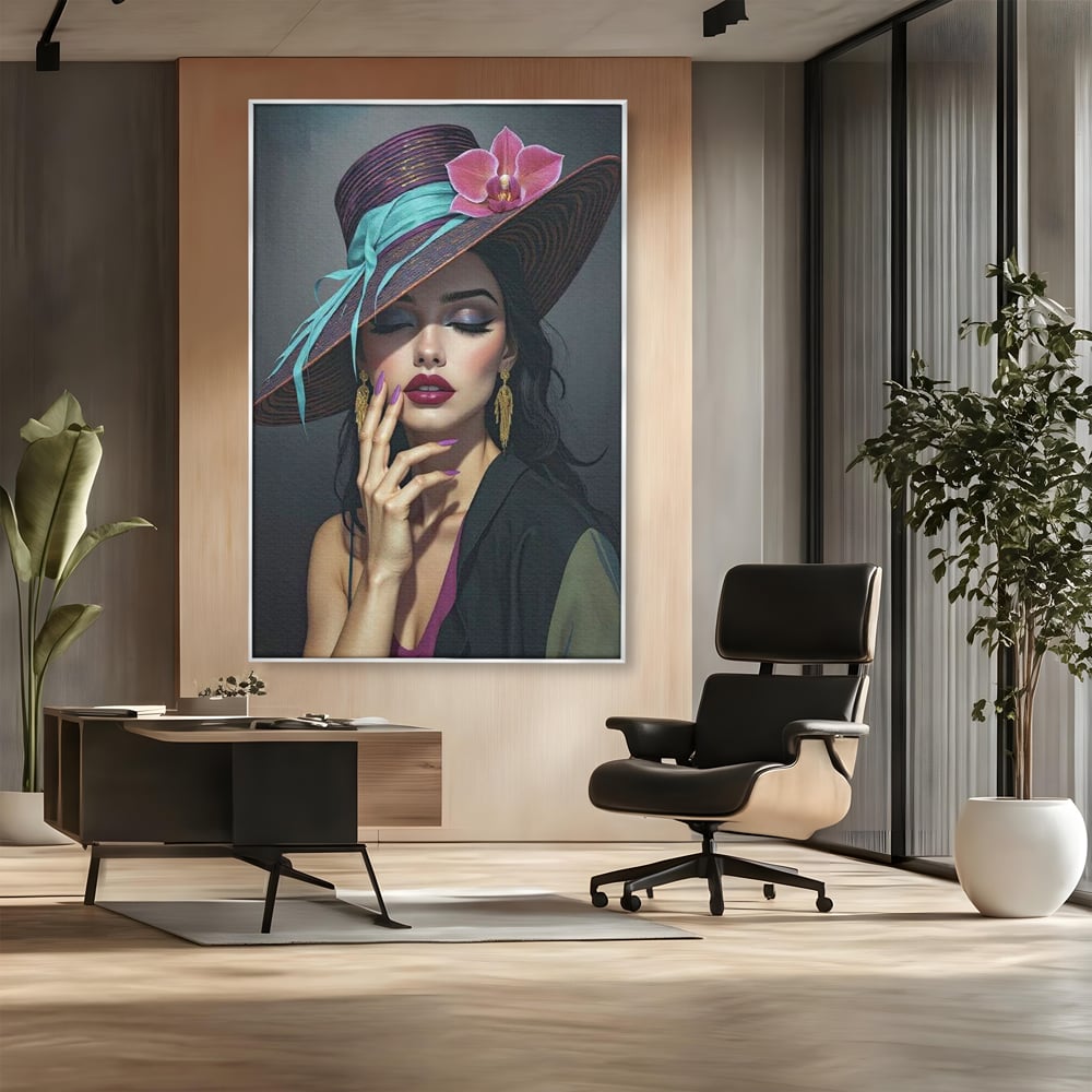 Tablou Canvas Premium, LuxCanva® G1214, Femeia Contemplativa, Lady, Palarie, Eleganta, Floare, Orhidee, Retro, Rafinament, Gratie, Divin, Vis, Privire, Catifea, Zeita, Salon, Birou, Living, Dormitor