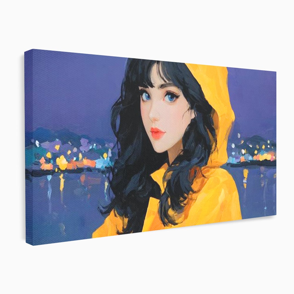 Tablou Canvas Premium, LuxCanva® G1215, Fata din Port, Noapte, Galben, Ploaie, Stele, Safir, Pelerina, Asteptare, Violet, Barci, Oras, Calatoare, Amintire, Speranta, Salon, Birou, Living, Dormitor