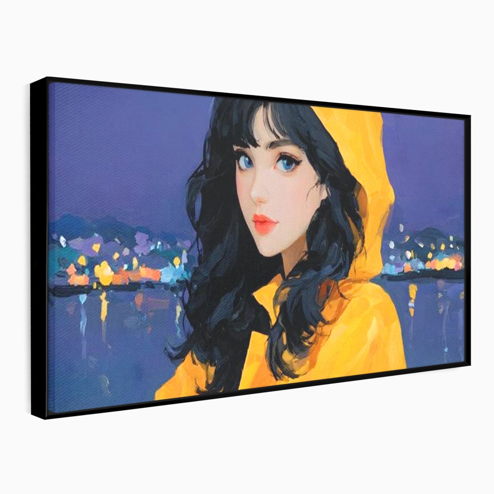 Tablou Canvas Premium, LuxCanva® G1215, Fata din Port, Noapte, Galben, Ploaie, Stele, Safir, Pelerina, Asteptare, Violet, Barci, Oras, Calatoare, Amintire, Speranta, Salon, Birou, Living, Dormitor