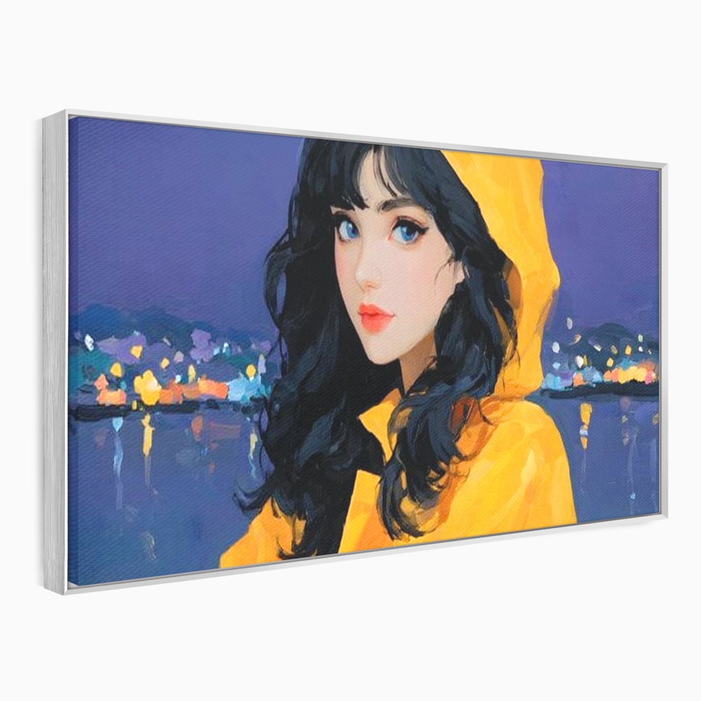 Tablou Canvas Premium, LuxCanva® G1215, Fata din Port, Noapte, Galben, Ploaie, Stele, Safir, Pelerina, Asteptare, Violet, Barci, Oras, Calatoare, Amintire, Speranta, Salon, Birou, Living, Dormitor