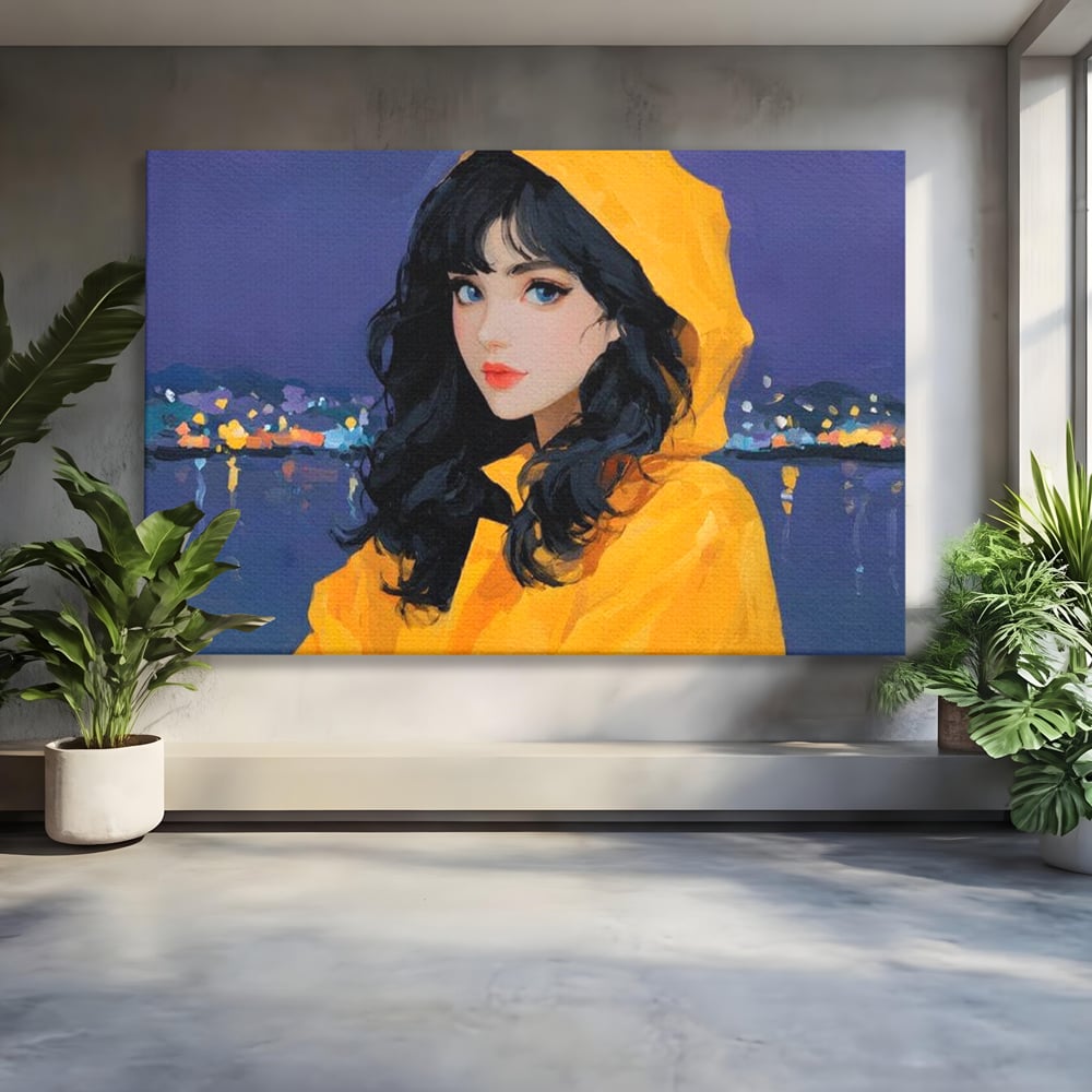 Tablou Canvas Premium, LuxCanva® G1215, Fata din Port, Noapte, Galben, Ploaie, Stele, Safir, Pelerina, Asteptare, Violet, Barci, Oras, Calatoare, Amintire, Speranta, Salon, Birou, Living, Dormitor