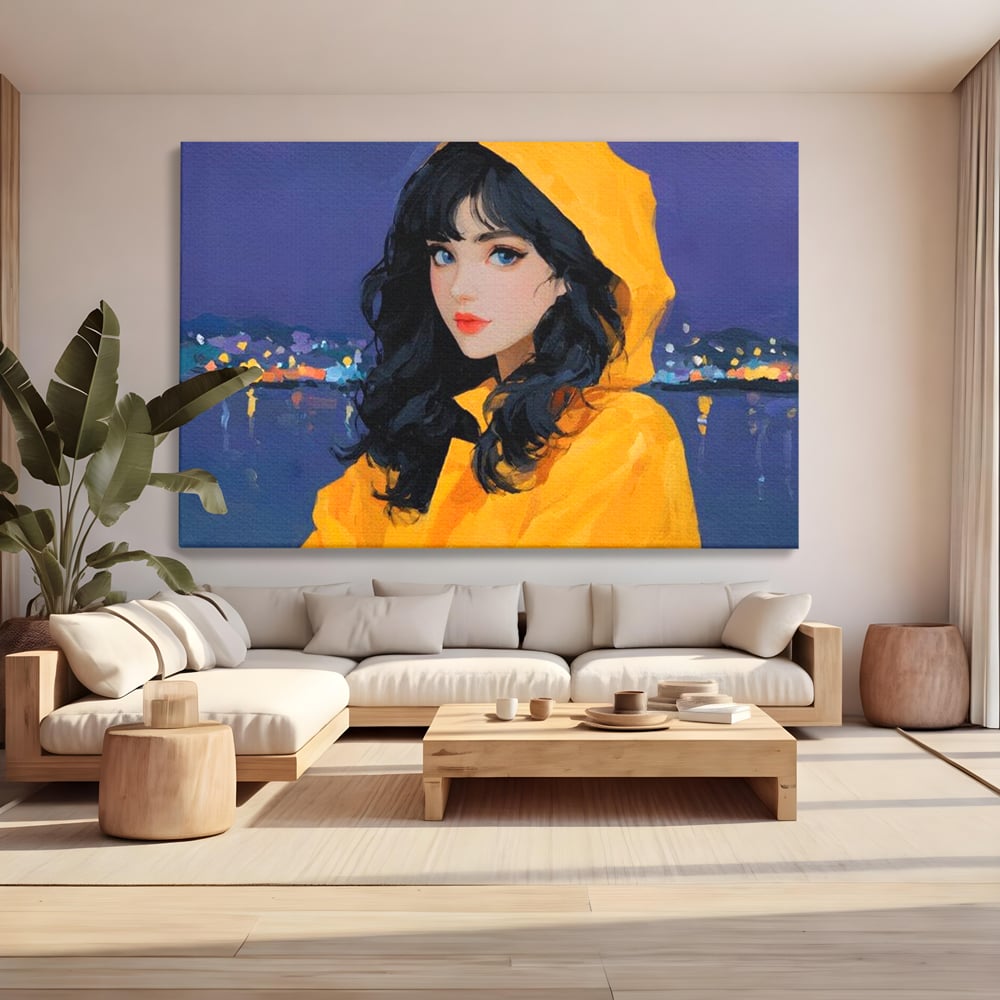 Tablou Canvas Premium, LuxCanva® G1215, Fata din Port, Noapte, Galben, Ploaie, Stele, Safir, Pelerina, Asteptare, Violet, Barci, Oras, Calatoare, Amintire, Speranta, Salon, Birou, Living, Dormitor