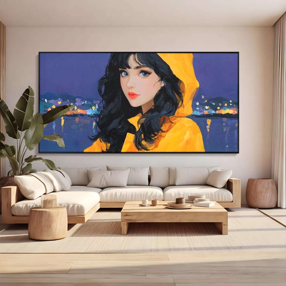 Tablou Canvas Premium, LuxCanva® G1215, Fata din Port, Noapte, Galben, Ploaie, Stele, Safir, Pelerina, Asteptare, Violet, Barci, Oras, Calatoare, Amintire, Speranta, Salon, Birou, Living, Dormitor