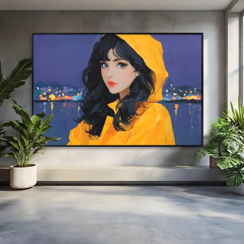 Tablou Canvas Premium, LuxCanva® G1215, Fata din Port, Noapte, Galben, Ploaie, Stele, Safir, Pelerina, Asteptare, Violet, Barci, Oras, Calatoare, Amintire, Speranta, Salon, Birou, Living, Dormitor