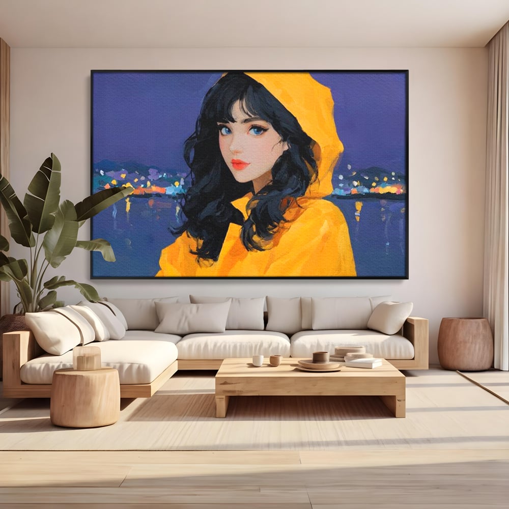 Tablou Canvas Premium, LuxCanva® G1215, Fata din Port, Noapte, Galben, Ploaie, Stele, Safir, Pelerina, Asteptare, Violet, Barci, Oras, Calatoare, Amintire, Speranta, Salon, Birou, Living, Dormitor