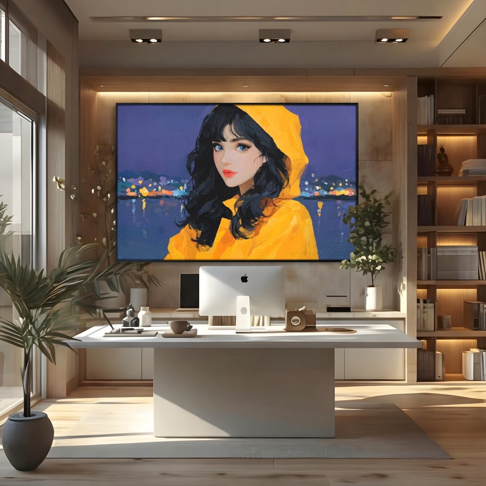 Tablou Canvas Premium, LuxCanva® G1215, Fata din Port, Noapte, Galben, Ploaie, Stele, Safir, Pelerina, Asteptare, Violet, Barci, Oras, Calatoare, Amintire, Speranta, Salon, Birou, Living, Dormitor