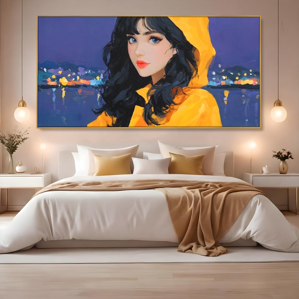 Tablou Canvas Premium, LuxCanva® G1215, Fata din Port, Noapte, Galben, Ploaie, Stele, Safir, Pelerina, Asteptare, Violet, Barci, Oras, Calatoare, Amintire, Speranta, Salon, Birou, Living, Dormitor