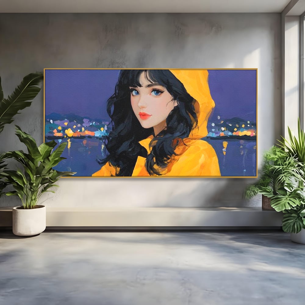 Tablou Canvas Premium, LuxCanva® G1215, Fata din Port, Noapte, Galben, Ploaie, Stele, Safir, Pelerina, Asteptare, Violet, Barci, Oras, Calatoare, Amintire, Speranta, Salon, Birou, Living, Dormitor