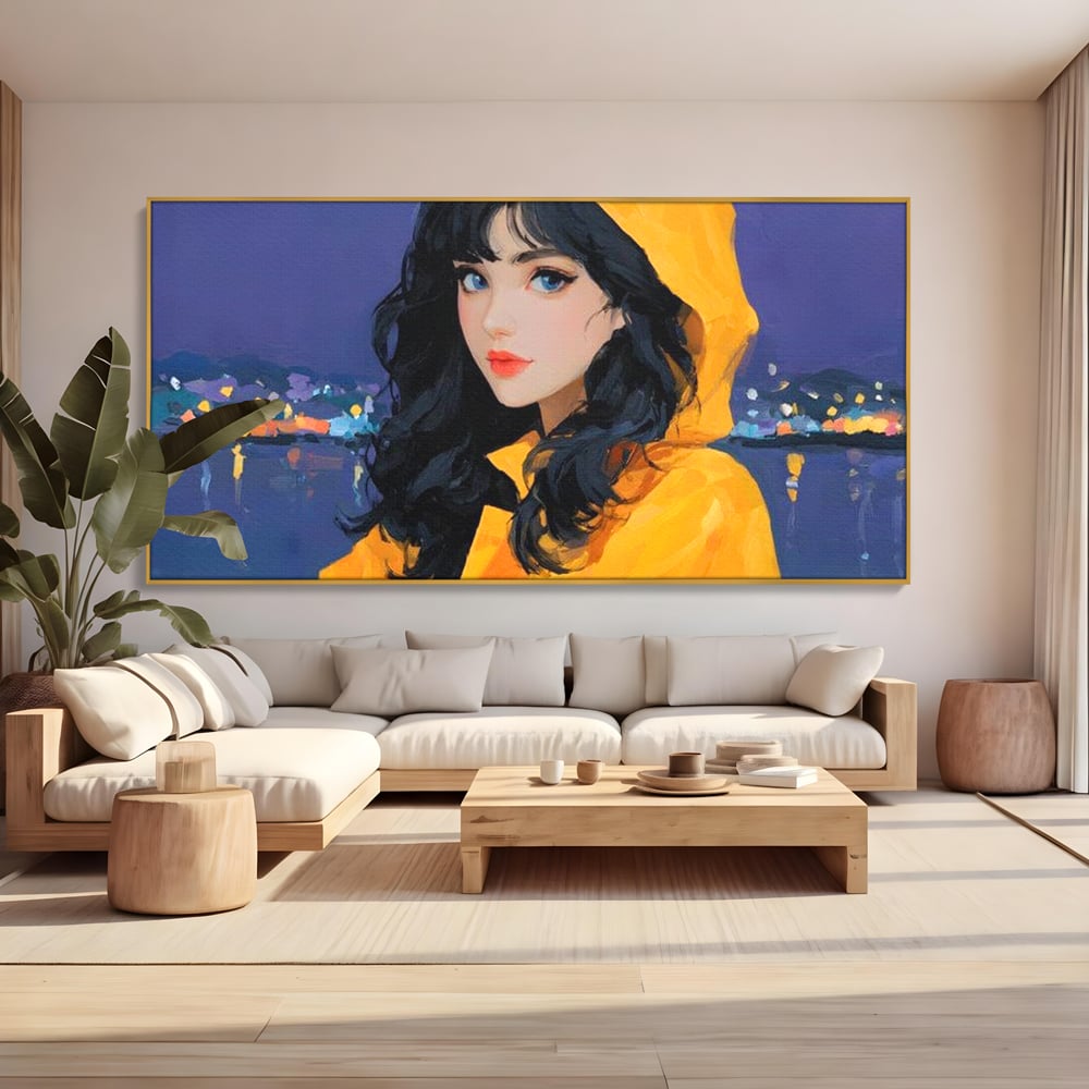 Tablou Canvas Premium, LuxCanva® G1215, Fata din Port, Noapte, Galben, Ploaie, Stele, Safir, Pelerina, Asteptare, Violet, Barci, Oras, Calatoare, Amintire, Speranta, Salon, Birou, Living, Dormitor