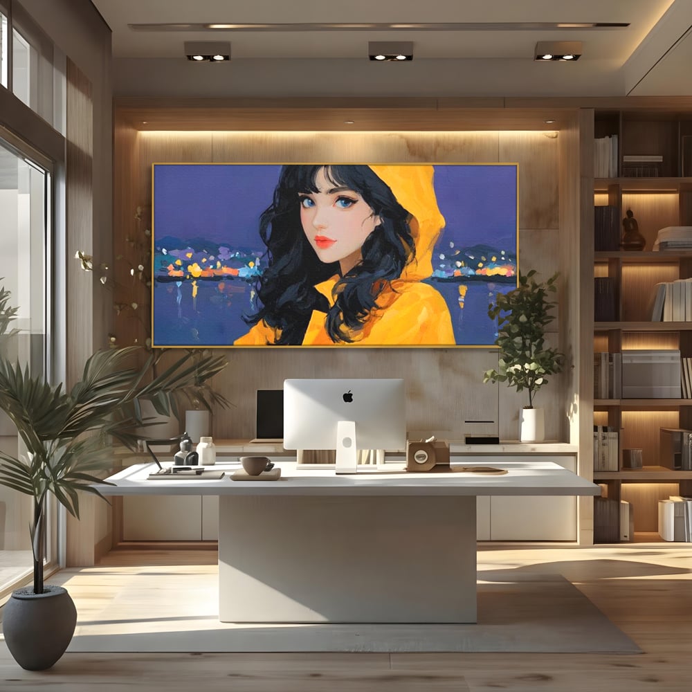 Tablou Canvas Premium, LuxCanva® G1215, Fata din Port, Noapte, Galben, Ploaie, Stele, Safir, Pelerina, Asteptare, Violet, Barci, Oras, Calatoare, Amintire, Speranta, Salon, Birou, Living, Dormitor