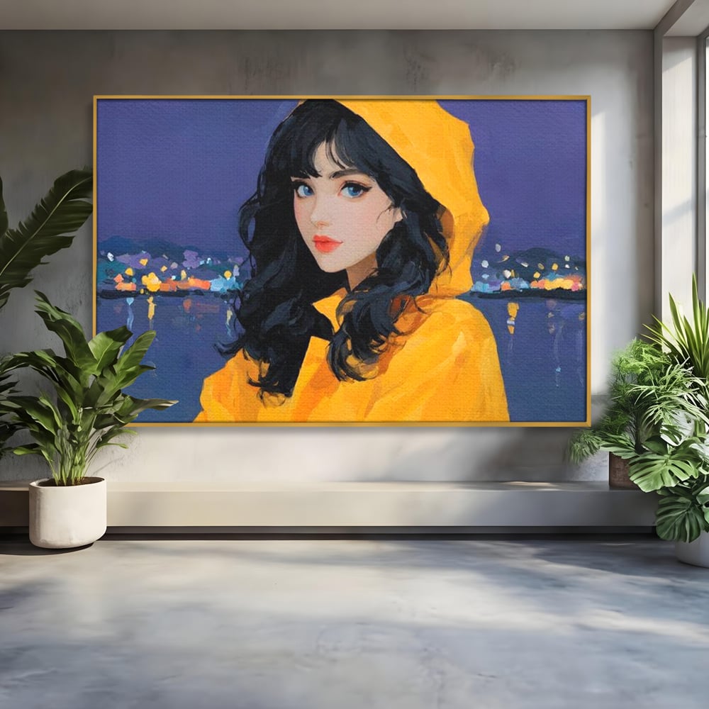 Tablou Canvas Premium, LuxCanva® G1215, Fata din Port, Noapte, Galben, Ploaie, Stele, Safir, Pelerina, Asteptare, Violet, Barci, Oras, Calatoare, Amintire, Speranta, Salon, Birou, Living, Dormitor