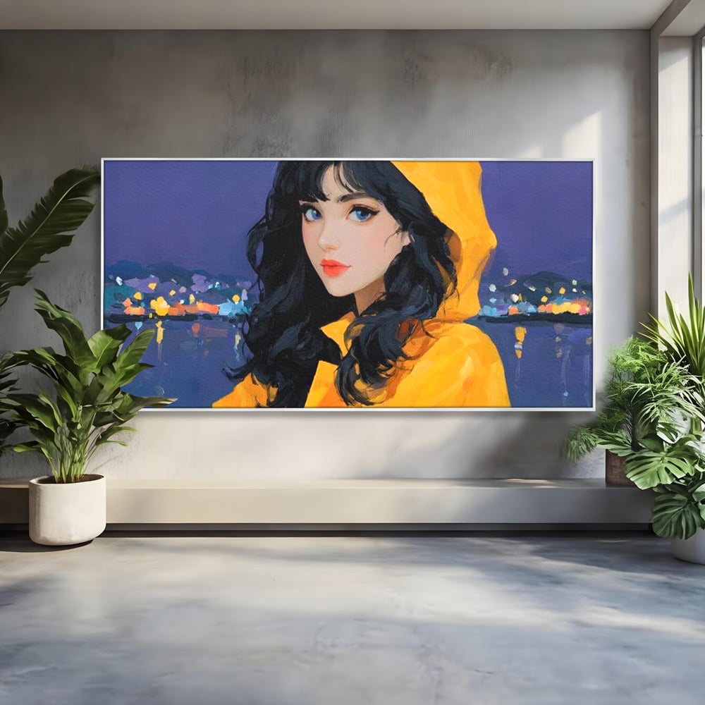 Tablou Canvas Premium, LuxCanva® G1215, Fata din Port, Noapte, Galben, Ploaie, Stele, Safir, Pelerina, Asteptare, Violet, Barci, Oras, Calatoare, Amintire, Speranta, Salon, Birou, Living, Dormitor