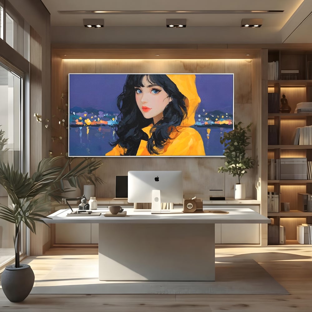 Tablou Canvas Premium, LuxCanva® G1215, Fata din Port, Noapte, Galben, Ploaie, Stele, Safir, Pelerina, Asteptare, Violet, Barci, Oras, Calatoare, Amintire, Speranta, Salon, Birou, Living, Dormitor