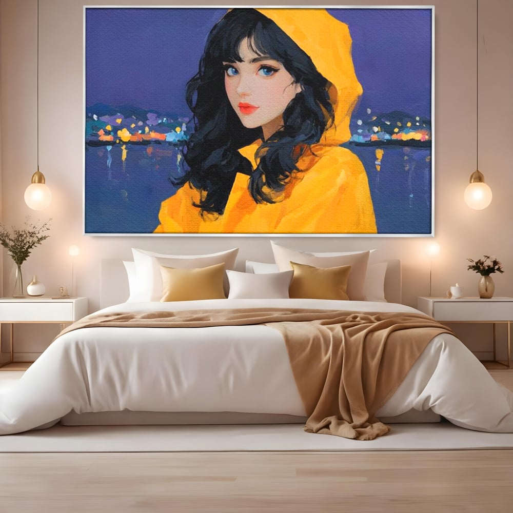 Tablou Canvas Premium, LuxCanva® G1215, Fata din Port, Noapte, Galben, Ploaie, Stele, Safir, Pelerina, Asteptare, Violet, Barci, Oras, Calatoare, Amintire, Speranta, Salon, Birou, Living, Dormitor