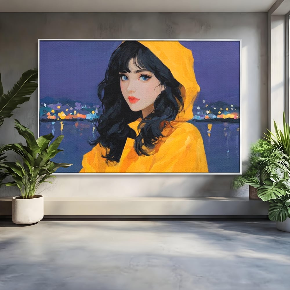Tablou Canvas Premium, LuxCanva® G1215, Fata din Port, Noapte, Galben, Ploaie, Stele, Safir, Pelerina, Asteptare, Violet, Barci, Oras, Calatoare, Amintire, Speranta, Salon, Birou, Living, Dormitor
