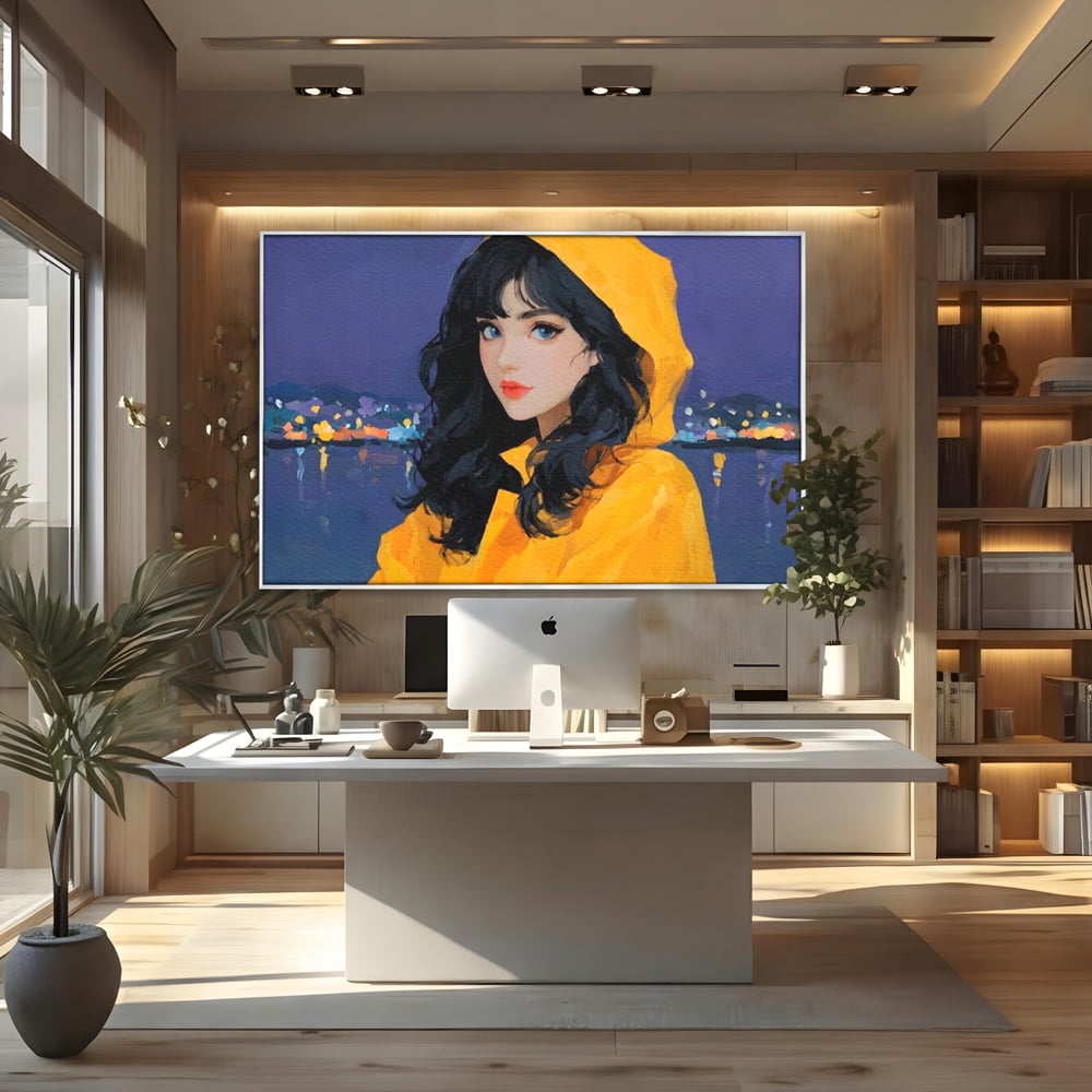 Tablou Canvas Premium, LuxCanva® G1215, Fata din Port, Noapte, Galben, Ploaie, Stele, Safir, Pelerina, Asteptare, Violet, Barci, Oras, Calatoare, Amintire, Speranta, Salon, Birou, Living, Dormitor
