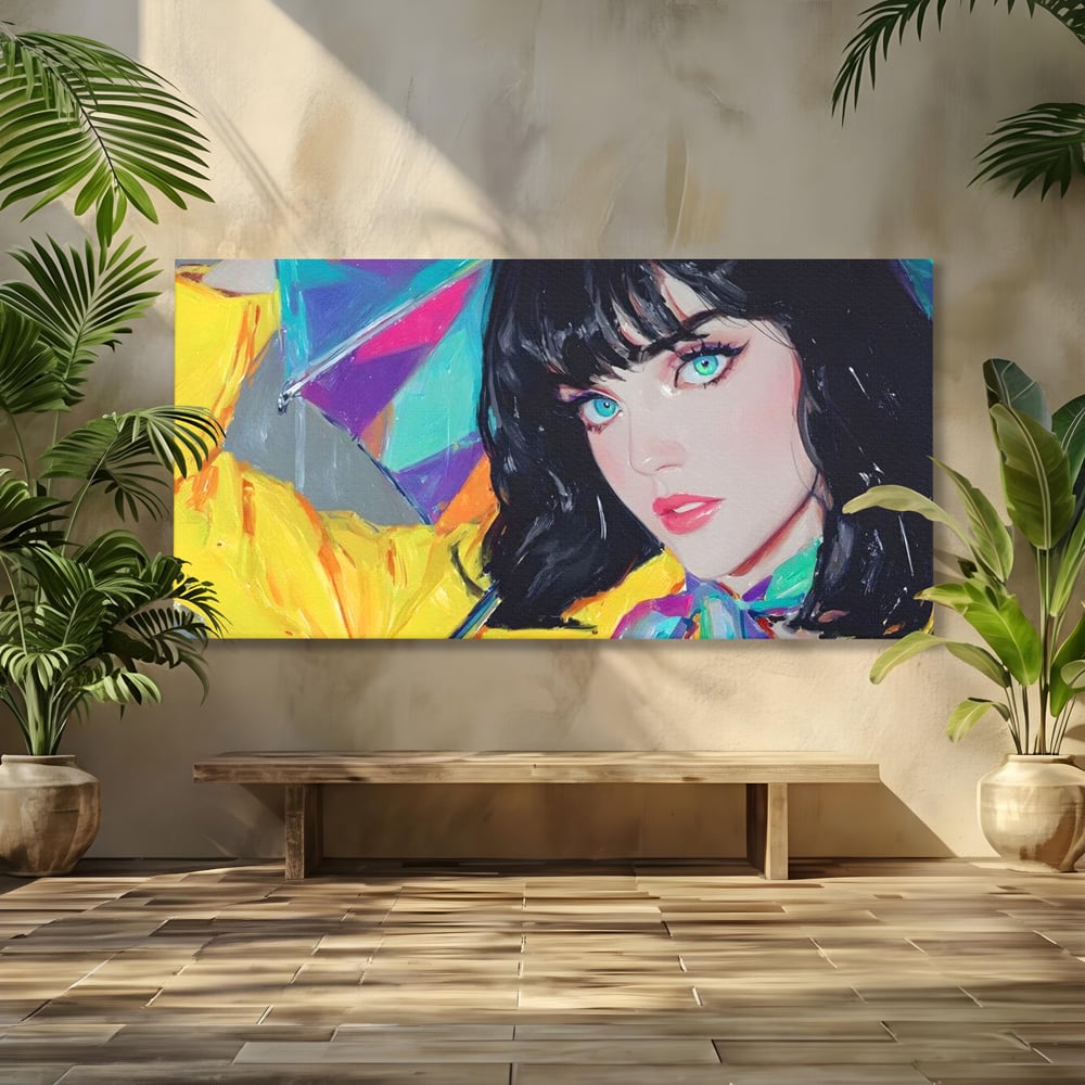 Tablou Canvas Premium, LuxCanva® G1216, Energia Tineretii, Privire, Curcubeu, Umbrela, Ploaie, Ochi, Turcoaz, Zambet, Cromatic, Neon, Vise, Aura, Dans, Melodie, Acvatic, Salon, Birou, Living,
