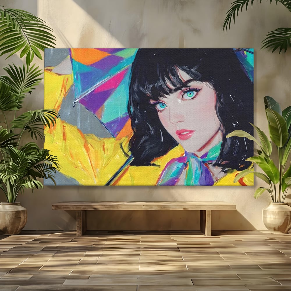 Tablou Canvas Premium, LuxCanva® G1216, Energia Tineretii, Privire, Curcubeu, Umbrela, Ploaie, Ochi, Turcoaz, Zambet, Cromatic, Neon, Vise, Aura, Dans, Melodie, Acvatic, Salon, Birou, Living,