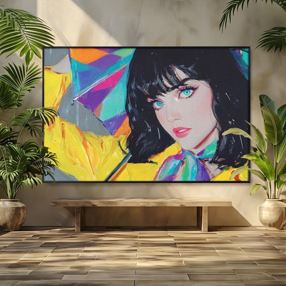 Tablou Canvas Premium, LuxCanva® G1216, Energia Tineretii, Privire, Curcubeu, Umbrela, Ploaie, Ochi, Turcoaz, Zambet, Cromatic, Neon, Vise, Aura, Dans, Melodie, Acvatic, Salon, Birou, Living,