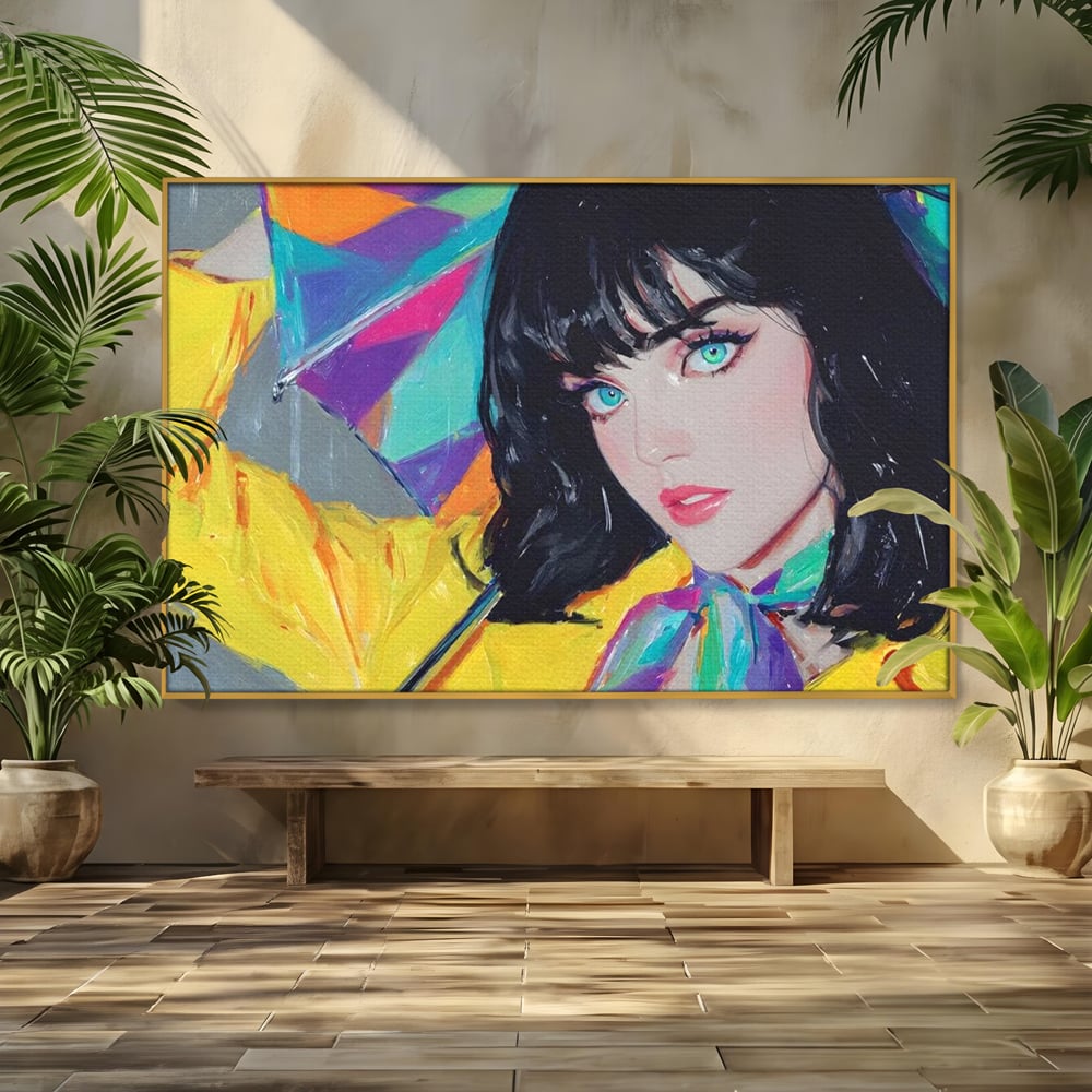 Tablou Canvas Premium, LuxCanva® G1216, Energia Tineretii, Privire, Curcubeu, Umbrela, Ploaie, Ochi, Turcoaz, Zambet, Cromatic, Neon, Vise, Aura, Dans, Melodie, Acvatic, Salon, Birou, Living,