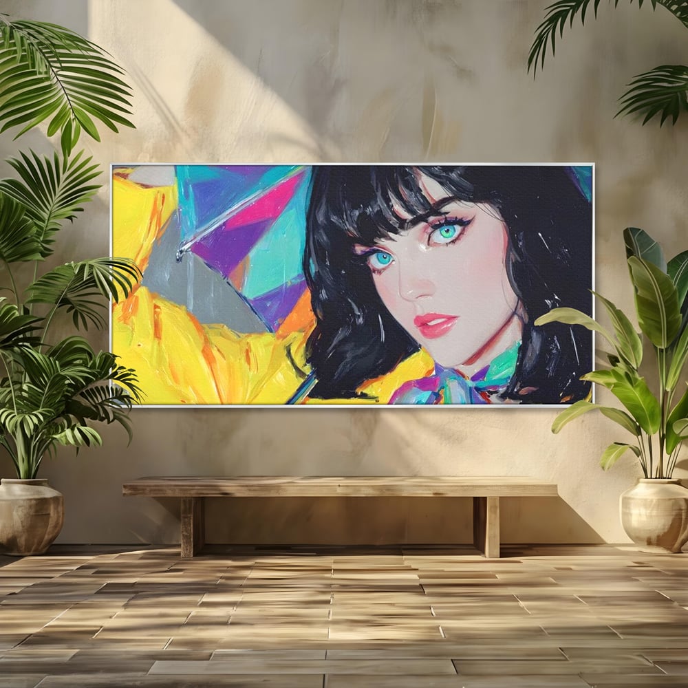 Tablou Canvas Premium, LuxCanva® G1216, Energia Tineretii, Privire, Curcubeu, Umbrela, Ploaie, Ochi, Turcoaz, Zambet, Cromatic, Neon, Vise, Aura, Dans, Melodie, Acvatic, Salon, Birou, Living,