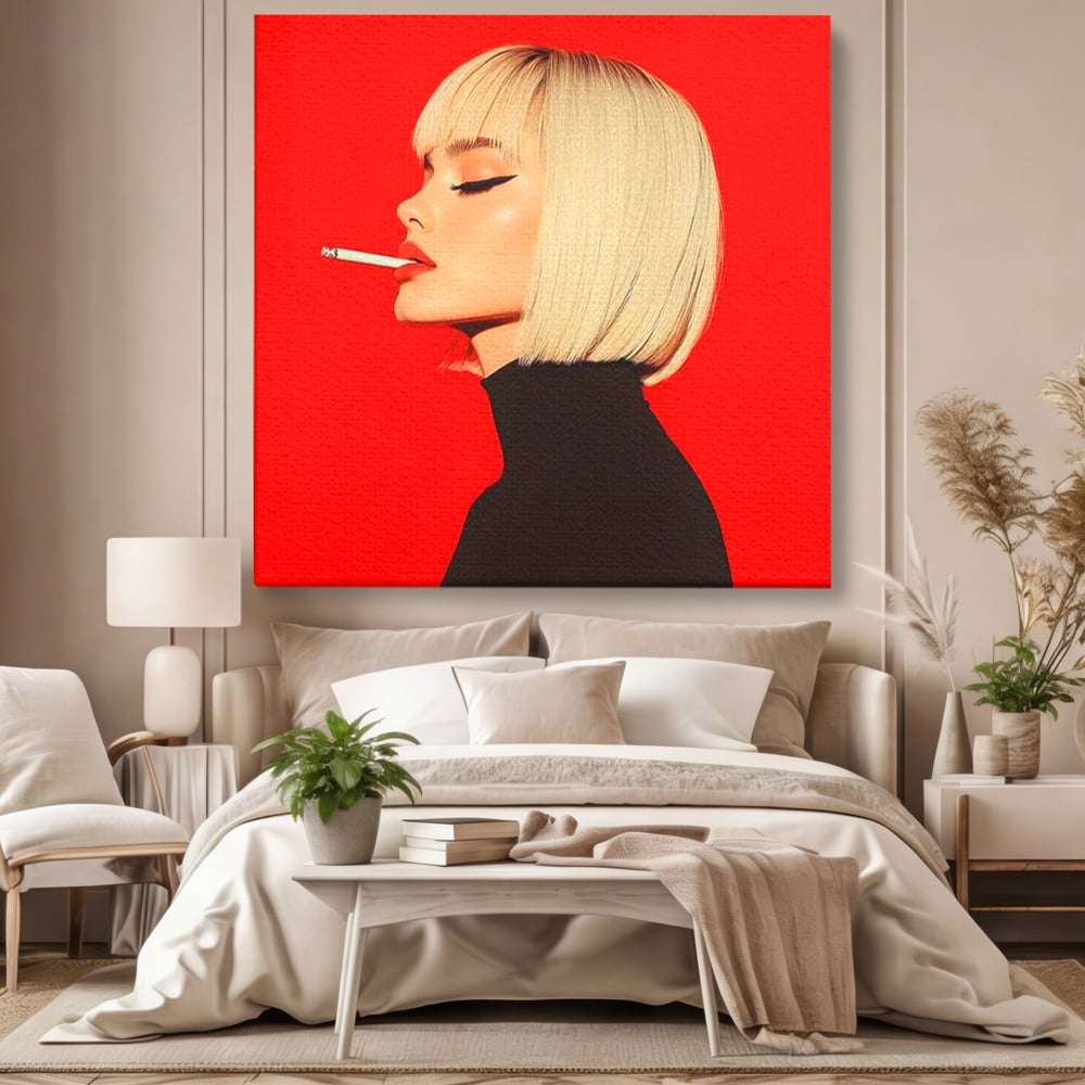 Tablou Canvas Premium, LuxCanva® G1217, Femeia Fatala, Atitudine, Rosu, Tigara, Rebela, Seductie, Fum, Iconic, Foc, Independenta, Chip, Rebeliune, Pasiune, Taina, Blonda, Salon, Birou, Living, Dormitor