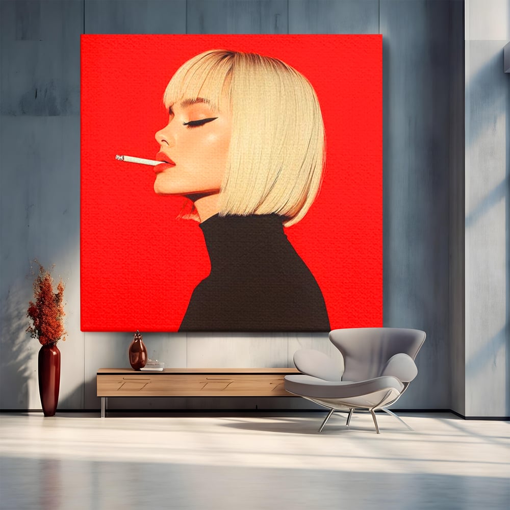Tablou Canvas Premium, LuxCanva® G1217, Femeia Fatala, Atitudine, Rosu, Tigara, Rebela, Seductie, Fum, Iconic, Foc, Independenta, Chip, Rebeliune, Pasiune, Taina, Blonda, Salon, Birou, Living, Dormitor