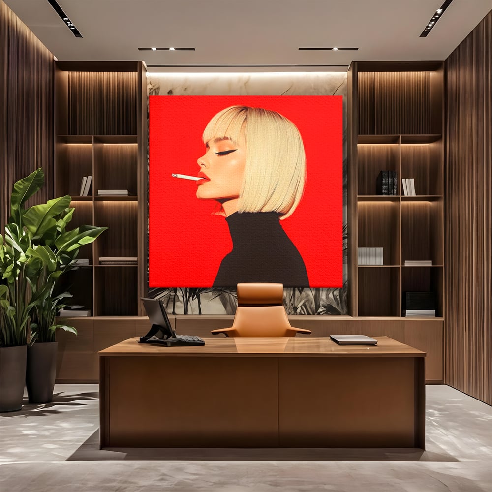 Tablou Canvas Premium, LuxCanva® G1217, Femeia Fatala, Atitudine, Rosu, Tigara, Rebela, Seductie, Fum, Iconic, Foc, Independenta, Chip, Rebeliune, Pasiune, Taina, Blonda, Salon, Birou, Living, Dormitor