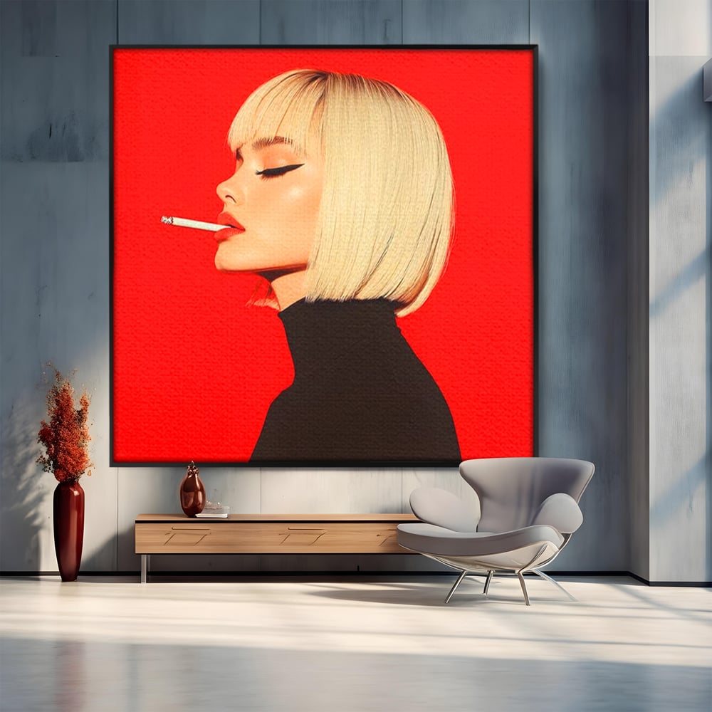 Tablou Canvas Premium, LuxCanva® G1217, Femeia Fatala, Atitudine, Rosu, Tigara, Rebela, Seductie, Fum, Iconic, Foc, Independenta, Chip, Rebeliune, Pasiune, Taina, Blonda, Salon, Birou, Living, Dormitor