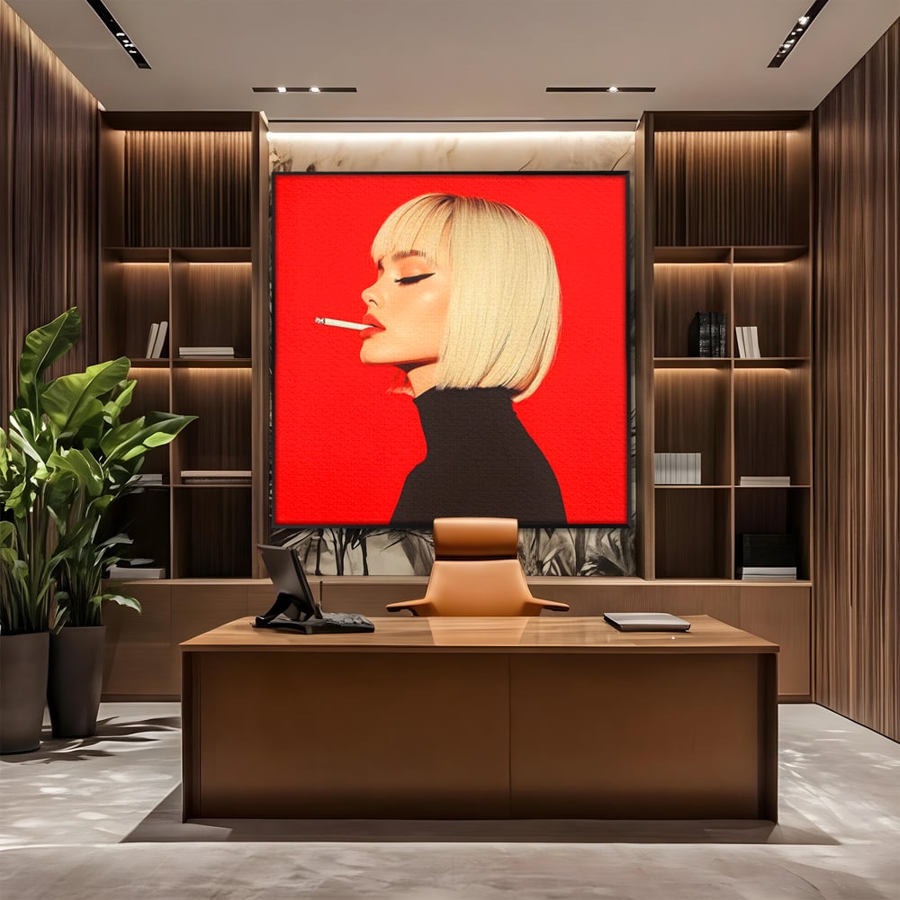Tablou Canvas Premium, LuxCanva® G1217, Femeia Fatala, Atitudine, Rosu, Tigara, Rebela, Seductie, Fum, Iconic, Foc, Independenta, Chip, Rebeliune, Pasiune, Taina, Blonda, Salon, Birou, Living, Dormitor