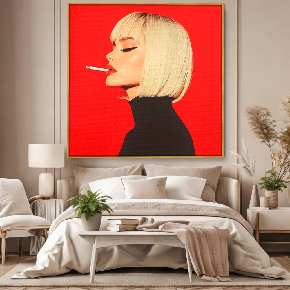 Tablou Canvas Premium, LuxCanva® G1217, Femeia Fatala, Atitudine, Rosu, Tigara, Rebela, Seductie, Fum, Iconic, Foc, Independenta, Chip, Rebeliune, Pasiune, Taina, Blonda, Salon, Birou, Living, Dormitor