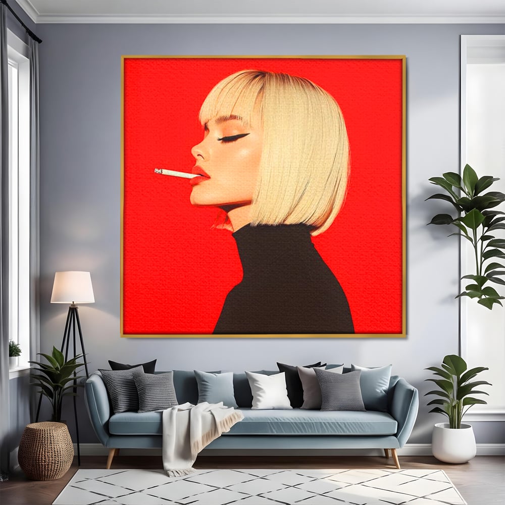 Tablou Canvas Premium, LuxCanva® G1217, Femeia Fatala, Atitudine, Rosu, Tigara, Rebela, Seductie, Fum, Iconic, Foc, Independenta, Chip, Rebeliune, Pasiune, Taina, Blonda, Salon, Birou, Living, Dormitor