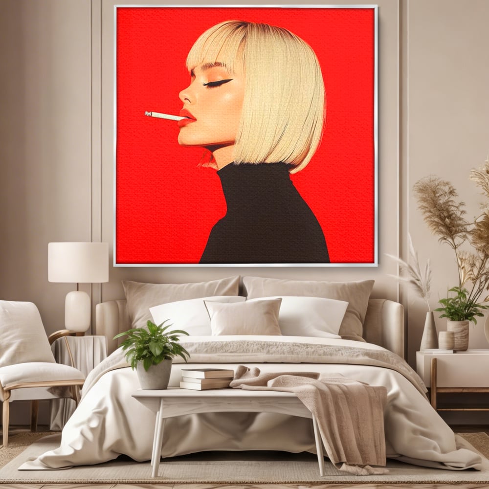Tablou Canvas Premium, LuxCanva® G1217, Femeia Fatala, Atitudine, Rosu, Tigara, Rebela, Seductie, Fum, Iconic, Foc, Independenta, Chip, Rebeliune, Pasiune, Taina, Blonda, Salon, Birou, Living, Dormitor